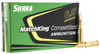 Green and black box of Sierra 6.5mm Creedmoor Competition 140gr MatchKing HPBT ammo, labeled for precision shooting. Contains 20 cartridges with two displayed.