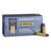 PPU .38 Special 158gr SWC ammo box with two cartridges displayed upright on the side.