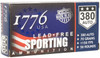 Box of 1776 USA .380 Auto 70gr lead-free sporting ammunition, featuring patriotic branding and product details.