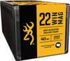 Side view of Browning BPR Performance Rimfire .22 WMR ammo box highlighting specifications: 40-grain JHP, 1910 fps velocity.