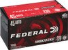Federal .45 ACP American Eagle ammunition box with 100 pistol cartridges, 230-grain full metal jacket bullets.