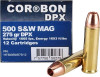 Box of Cor-Bon .500 S&W Mag  275-grain hollow point ammo with two rounds displayed in front.