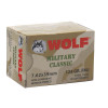 Wolf 7.62x39mm Military Classic ammunition box with 20 rifle cartridges, 124-grain full metal jacket steel case bullets.