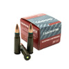 Box of 7.62x39mm FMJ hunting cartridges with 20 rounds displayed alongside two upright bullets and one horizontal showing the primer.