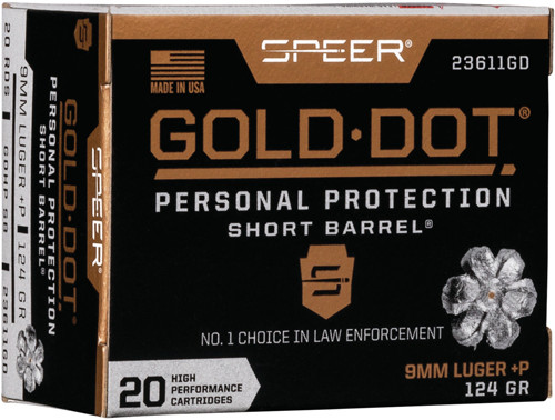 Speer 9mm Luger / Parabellum Gold Dot +P Personal Protection Short Barrel 124gr JHP Ammo