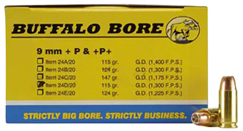 Buffalo Bore 9mm Luger / Parabellum Personal Defense +P 115gr JHP Ammo