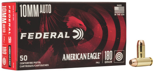 Box of Federal American Eagle 10mm Auto 180gr FMJ cartridges with bullet next to package. Box of Federal American Eagle 10mm Auto 180gr FMJ cartridges with bullet next to package.