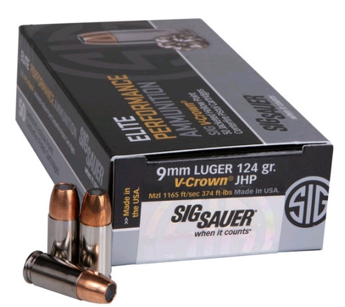 Sig Sauer 9mm Luger / Parabellum Elite Performance V-Crown 124gr JHP Ammo