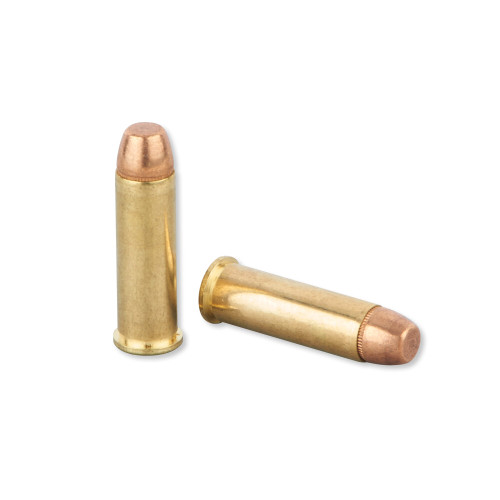 Two Magtech .38 Special flat-nose cartridges, showcasing brass casings and copper bullets against a plain background. Two Magtech .38 Special flat-nose cartridges, showcasing brass casings and copper bullets against a plain background.