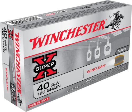 Winchester Super-X .40 S&W 180gr WinClean ammunition box featuring target design and product details for clean shooting. Winchester Super-X .40 S&W 180gr WinClean ammunition box featuring target design and product details for clean shooting.