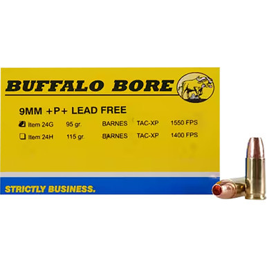 Buffalo Bore Ammunition 24G20 Buffalo-Barnes Strictly Business 9mm Luger +P+ 95 gr Barnes TAC-XP Lead Free 20 Per Box/ 12 Cs