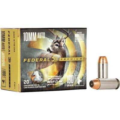 Federal Premium Pistol Ammo 10mm 180 grain Trophy Bonded Bear Claw Jacketed Soft Point 20 rd.