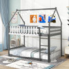 Twin Over Twin Bunk Bed with Fence and Ladder for Kids-Gray - Color: Gray - Size: Twin Size