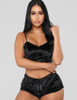 Pink Ladies Sexy Velvet Pajamas 2-piece Set Open Back Sleeveless Top + Shorts