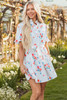 Sky Blue Stripe Floral Pattern Ruffle Short Sleeve Belted Mini Dress