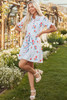 Sky Blue Stripe Floral Pattern Ruffle Short Sleeve Belted Mini Dress