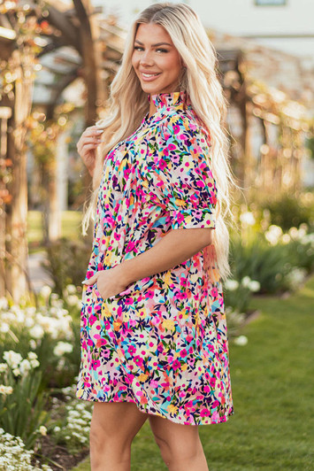 Pink Floral Puff Short Sleeve V Neck Mini Dress