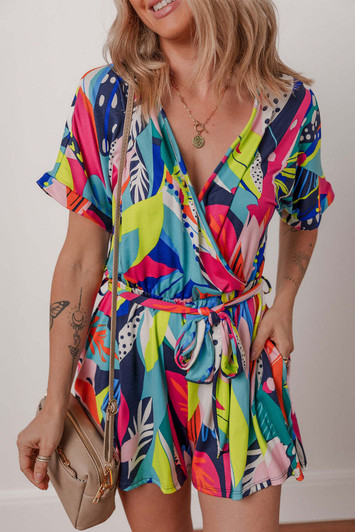 Multicolour Tropical Printed Surplice Neck Tie Waist Romper