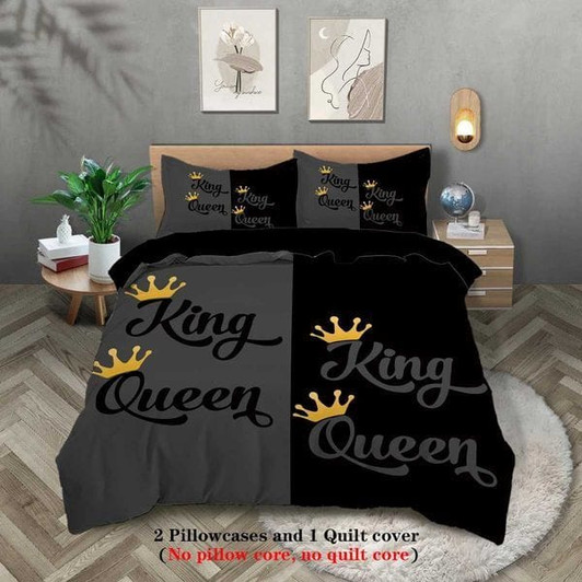 Color: Kklsjt0170 - Size: Twin - 3-piece Couple Black Grey King Queen Pattern Printed Down Duvet Co