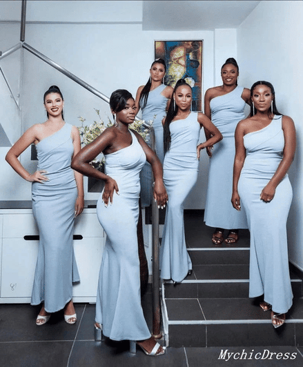 Sky Blue One Shoulder Mermaid Bridesmaid Dresses Sleeveless Evening Dress Wedding Guest Dress Sleev