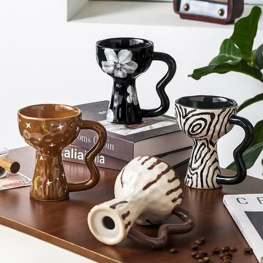 Color: Light Grey - Retro Pattern Goblet Irregular Drinking Ceramic Wine Cup Coffee Mug Decoration 