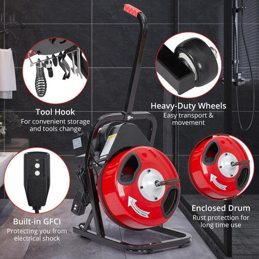 US GARVEE 50 Ft x 1/2 Inch Drain Cleaner Machine Professional Electric Drain Auger for 1 to 4 Inch 