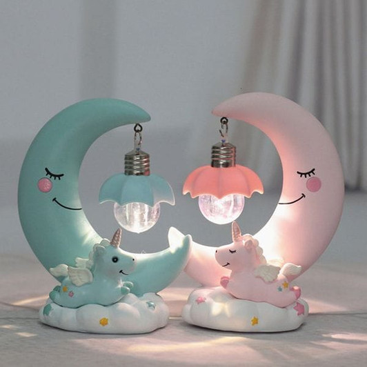 LED Night Light Resin Moon Unicorn Cartoon Baby Lamp Romantic Bedroom Decor for Children Kid Girl T