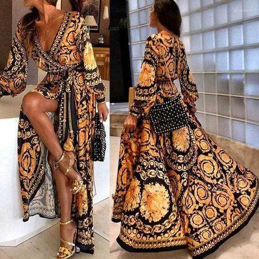 Color: Champagne - Size: 3XL - Casual Dresses Womens Boho V-Neck Vintage Printed Dress Large Swing 