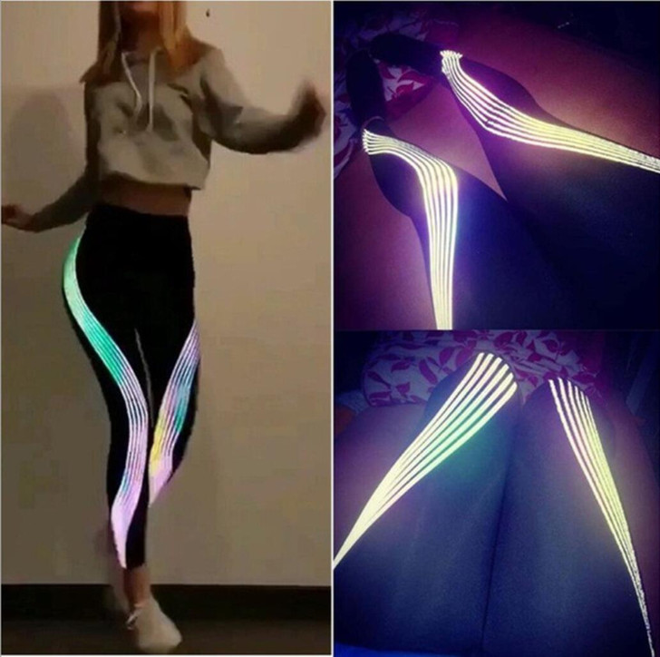 Women Fitness Yoga Pants Reflective Strip Laser Printed Night Running Leggings