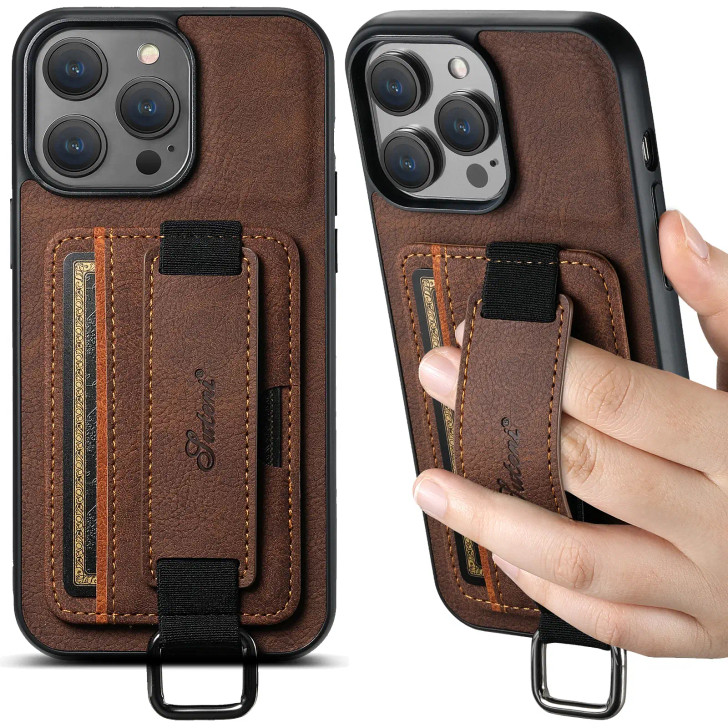 Color: Blue, Material: Carbon Fiber - SUTENI Lychee skin print wrist strap card phone case Card hol