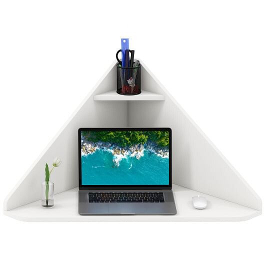 Floating Triangular Corner Computer Desk with Storage Shelf-Black