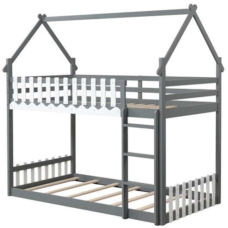 Twin Over Twin Bunk Bed with Fence and Ladder for Kids-Gray - Color: Gray - Size: Twin Size