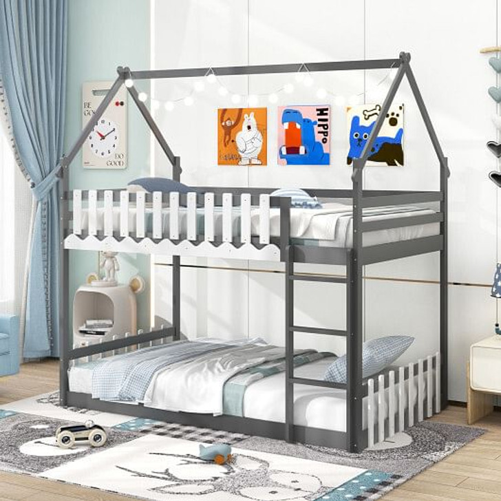 Twin Over Twin Bunk Bed with Fence and Ladder for Kids-Gray - Color: Gray - Size: Twin Size