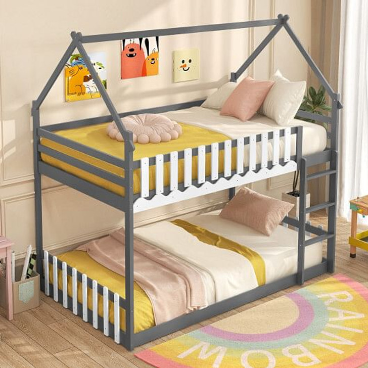 Twin Over Twin Bunk Bed with Fence and Ladder for Kids-Gray - Color: Gray - Size: Twin Size