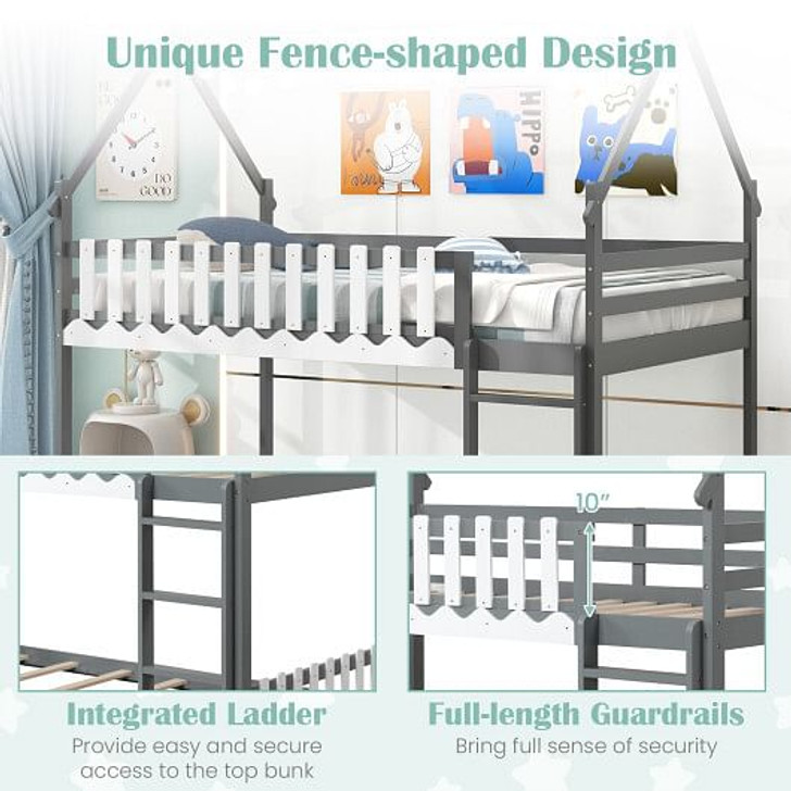 Twin Over Twin Bunk Bed with Fence and Ladder for Kids-Gray - Color: Gray - Size: Twin Size