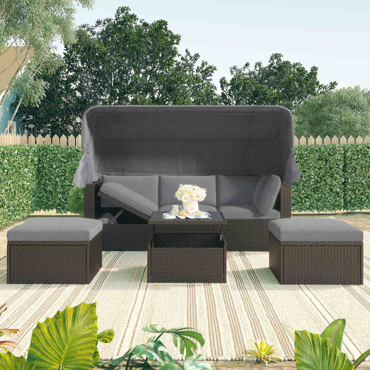 Outdoor Patio Rectangle Daybed with Retractable Canopy, Wicker Furniture Sectional Seating with Was