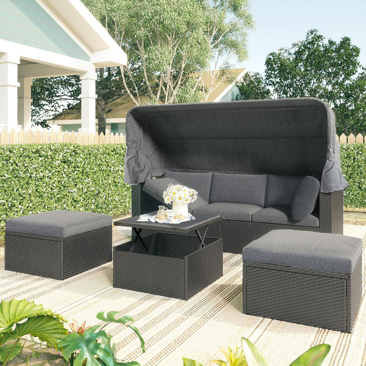 Outdoor Patio Rectangle Daybed with Retractable Canopy, Wicker Furniture Sectional Seating with Was