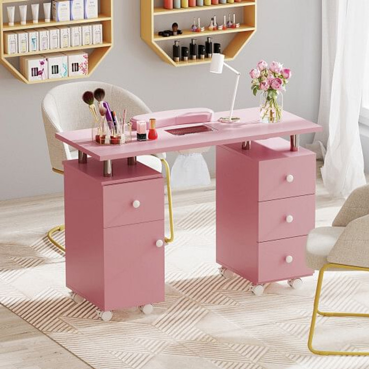 Manicure Table Nail Desk with Electric Dust Collector and 3 Dust Bags-Pink - Color: Pink