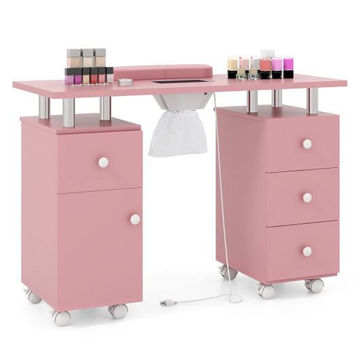 Manicure Table Nail Desk with Electric Dust Collector and 3 Dust Bags-Pink - Color: Pink