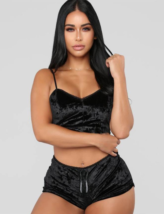 Pink Ladies Sexy Velvet Pajamas 2-piece Set Open Back Sleeveless Top + Shorts