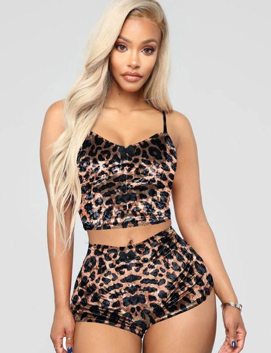 Pink Ladies Sexy Velvet Pajamas 2-piece Set Open Back Sleeveless Top + Shorts