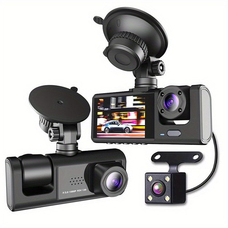 3 Channel Dash Cam Front And Rear Inside; 1080P Dash IR Night Vision; Loop Recording Car DVR Camera