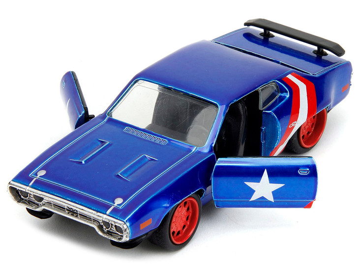 1972 Plymouth GTX Candy Blue with Red and White Stripes and Captain America Diecast Figure "The Ave