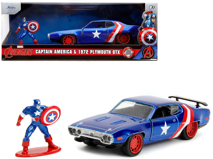 1972 Plymouth GTX Candy Blue with Red and White Stripes and Captain America Diecast Figure "The Ave