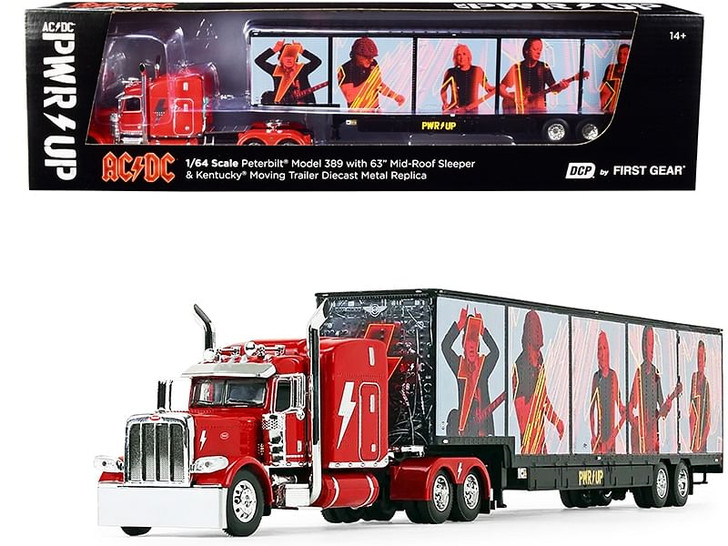 Peterbilt 389 63" Mid-Roof Sleeper Cab Viper Red with Kentucky Moving Trailer "AC/DC Power Up" 1/64