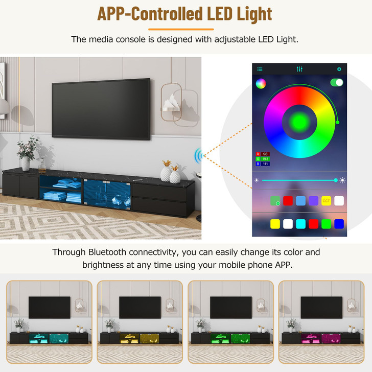 ON-TREND Modern APP Controlled LED TV Stand for TVs Up to 105'', Faux Marble Tabletop Media Console