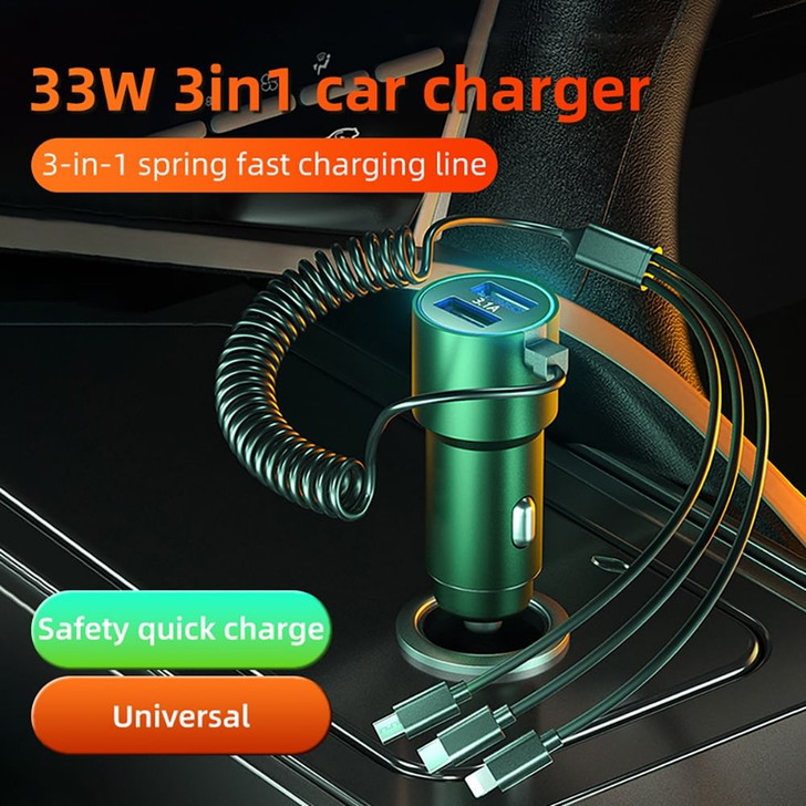Quick Charge Car Charger With Stretchable Cable 5 Port Output Fast Charging Adapter Compatible For 