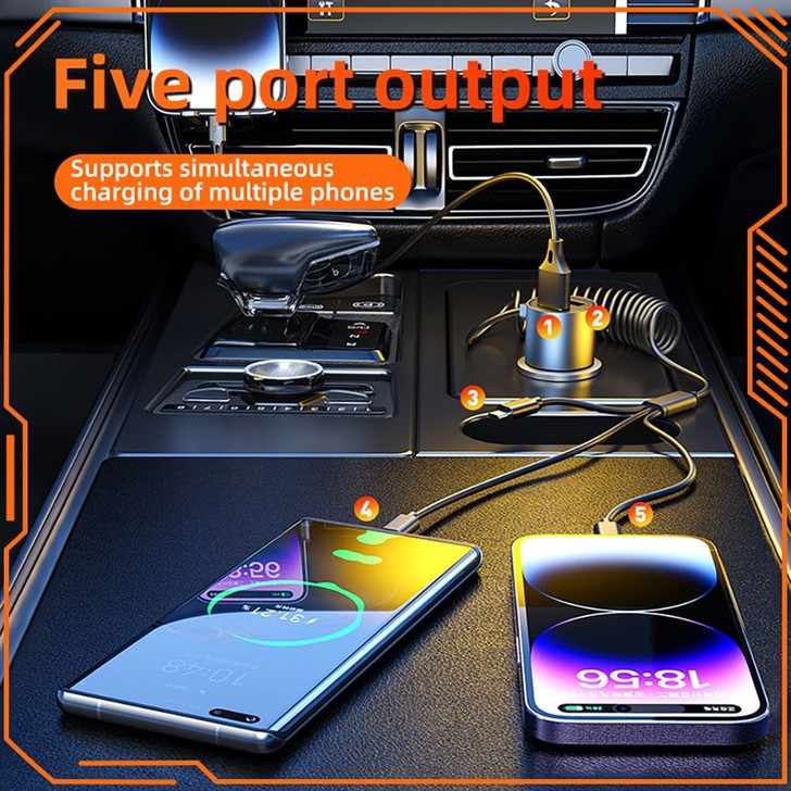 Quick Charge Car Charger With Stretchable Cable 5 Port Output Fast Charging Adapter Compatible For 