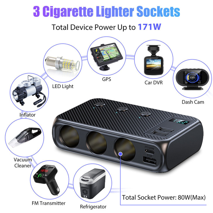 Cigarette Lighter Plug Splitter 171W 12V/24V 1 QC 3.0+2 PD+3 USB Ports USB Charger Extension Cord M