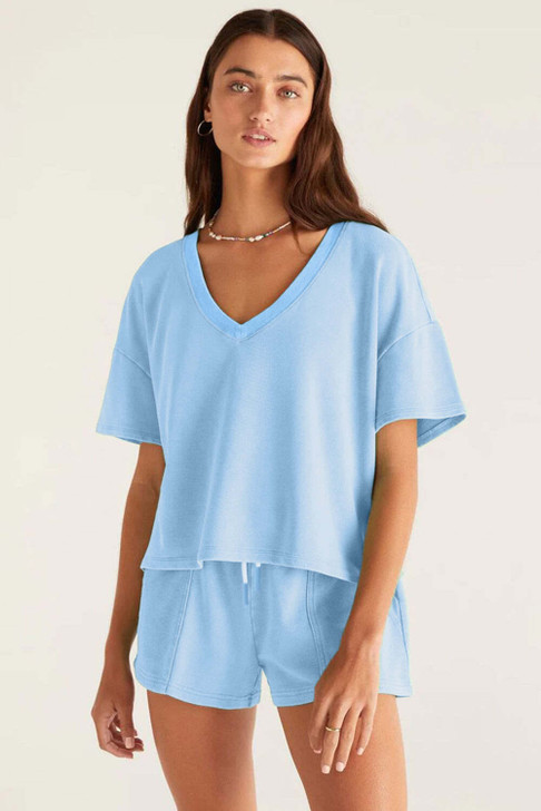 Myosotis V Neck Drop Shoulder Tee and Patchwork Drawstring Shorts Set